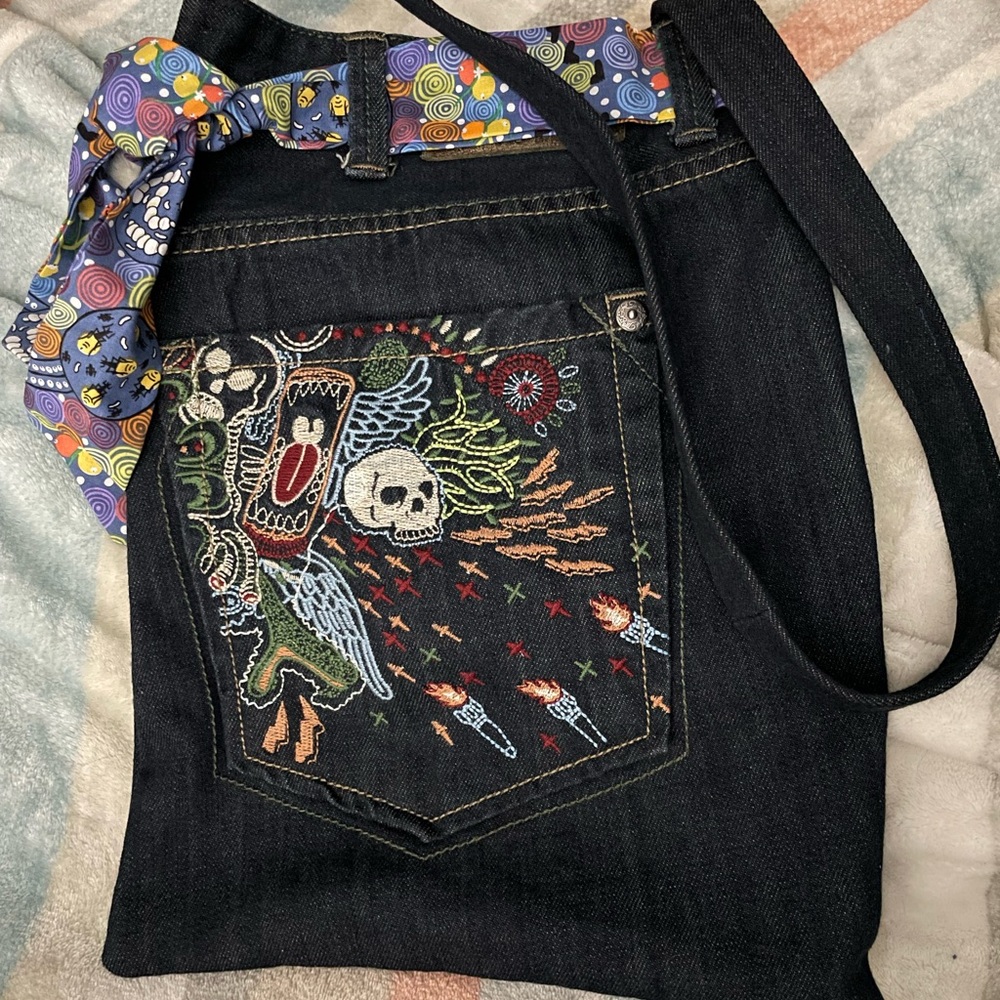 Embroidered Denim Shoulder bag with Colorful Scarf - Picture 5 of 9